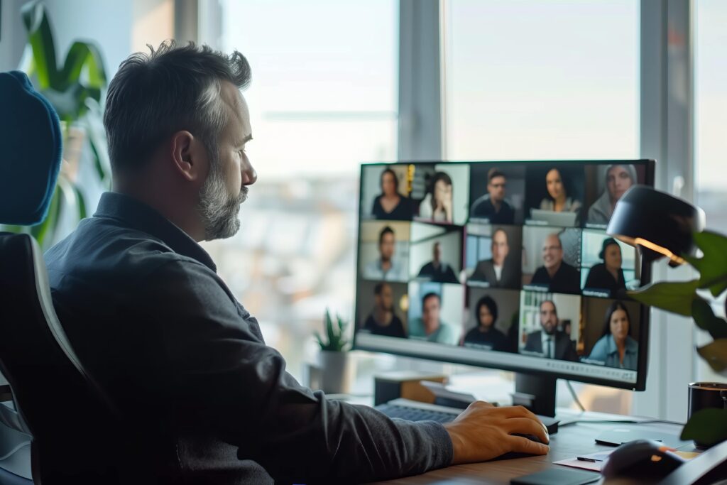 A man participates in an online video meeting