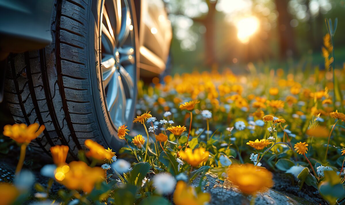 car driving in field of flowers