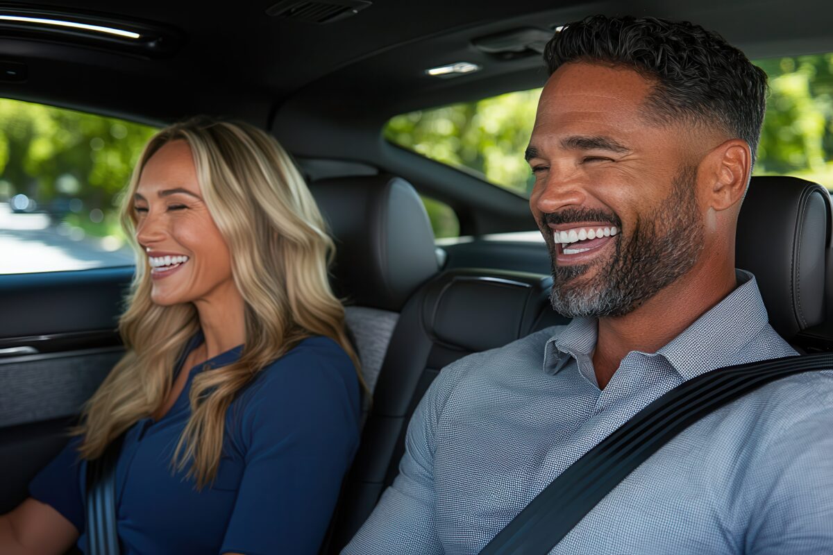 Two friends smiling and enjoying a carpool ride together on a sunny day.